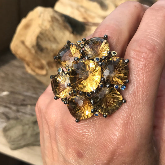 Sterling silver citrine sapphire fancy ring 7.5 wow factor here