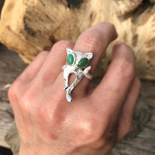 Sterling Silver Cat Kitten Lover chrysoprase ring 6.5