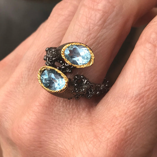 Sterling Silver natural art brutalist  blue topaz ring 8.5
