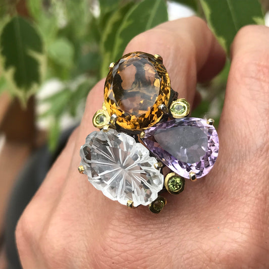 sterling Silver amethyst peridot topaz citrine statement Ring 8