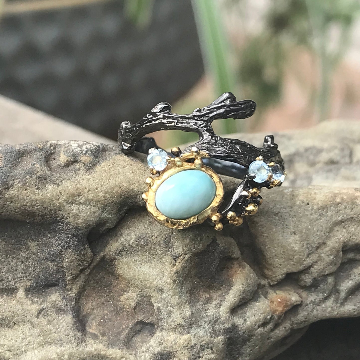 sterling silver Dominican Larimar coral reef  ring 7