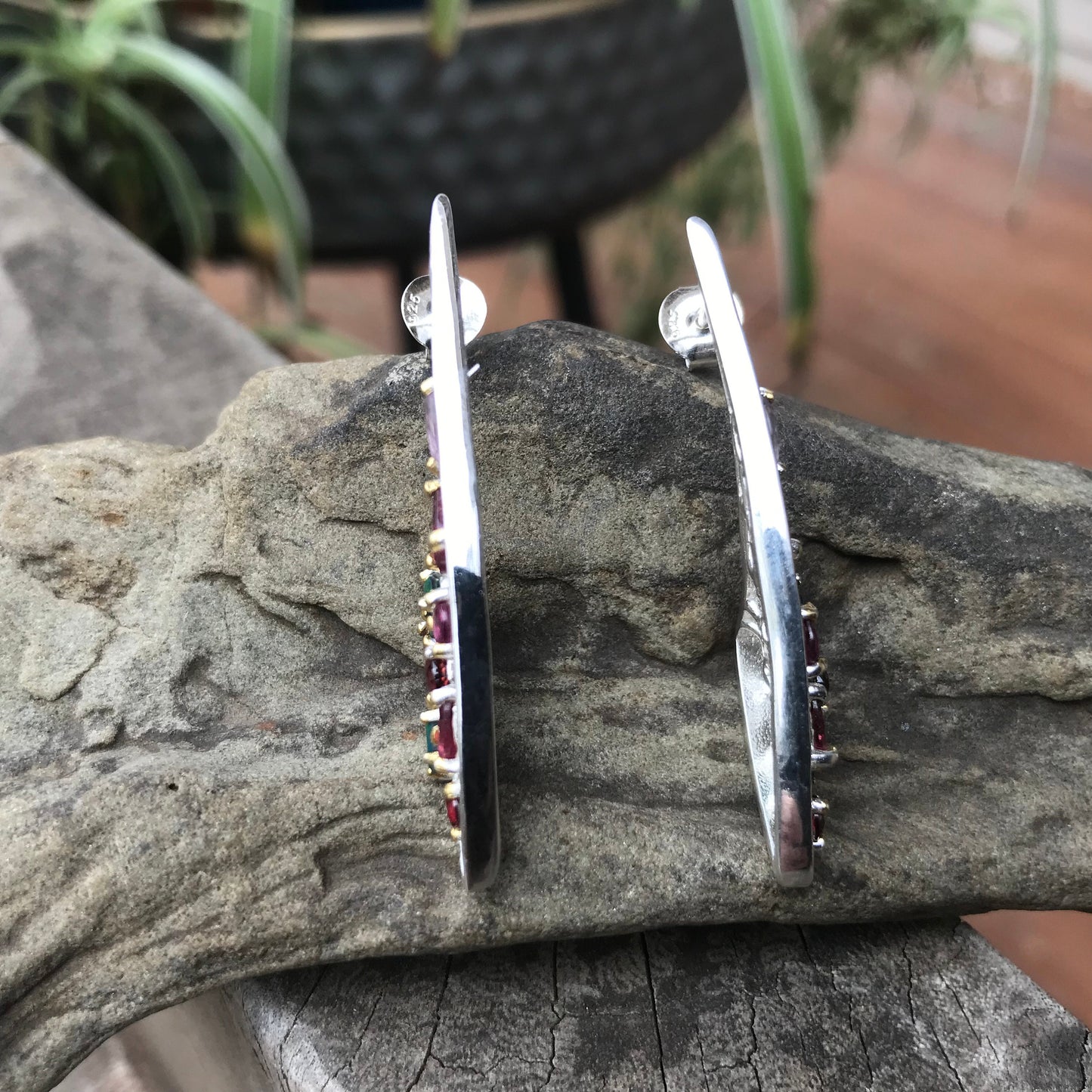 Sterling Silver Natural modernist black Opal Stud hoop  Earrings