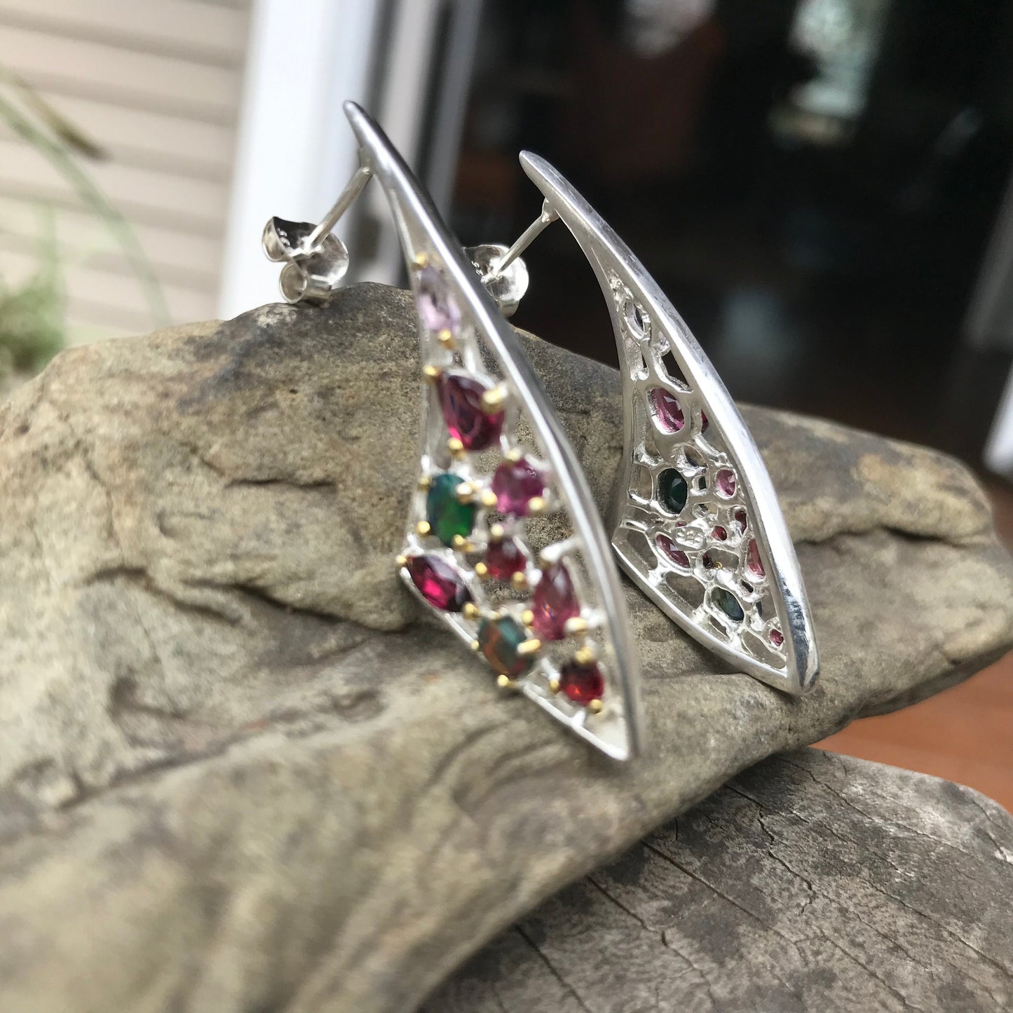 Sterling Silver Natural modernist black Opal Stud hoop  Earrings