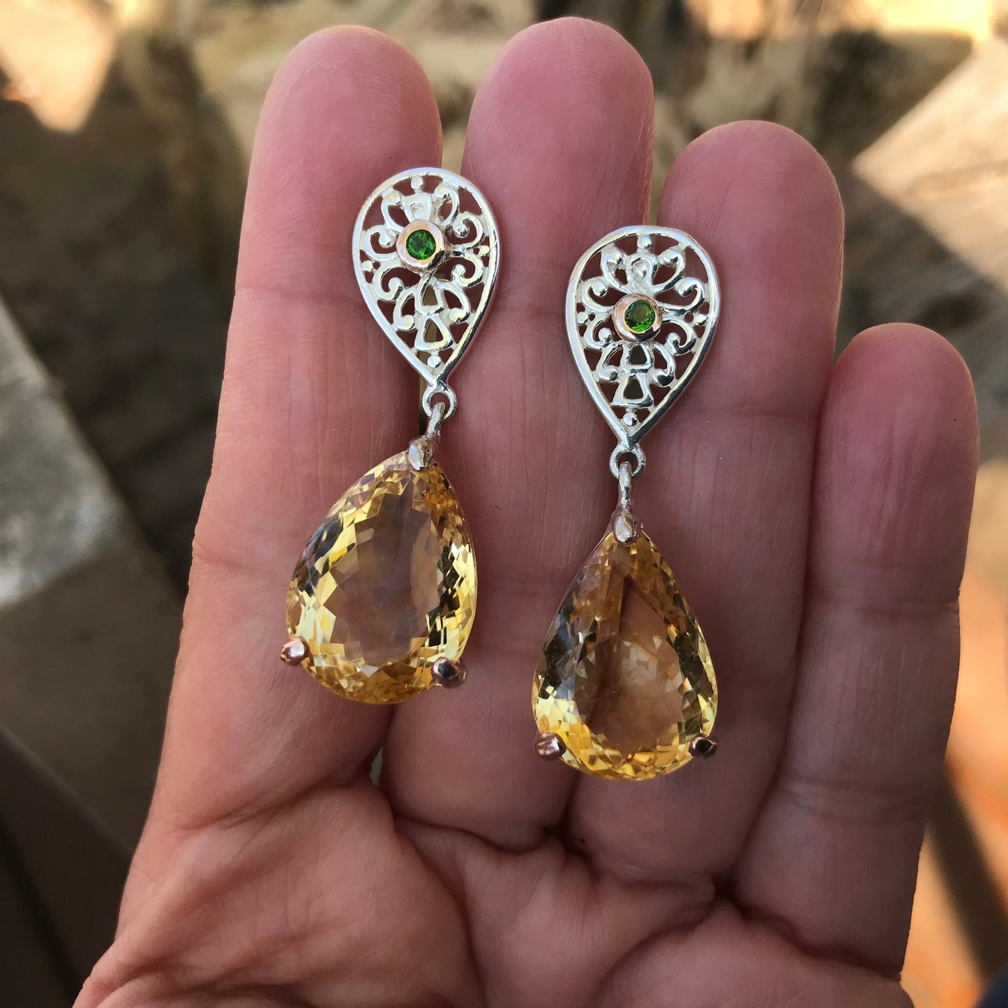 Sterling silver natural citrine pear shape statement earrings