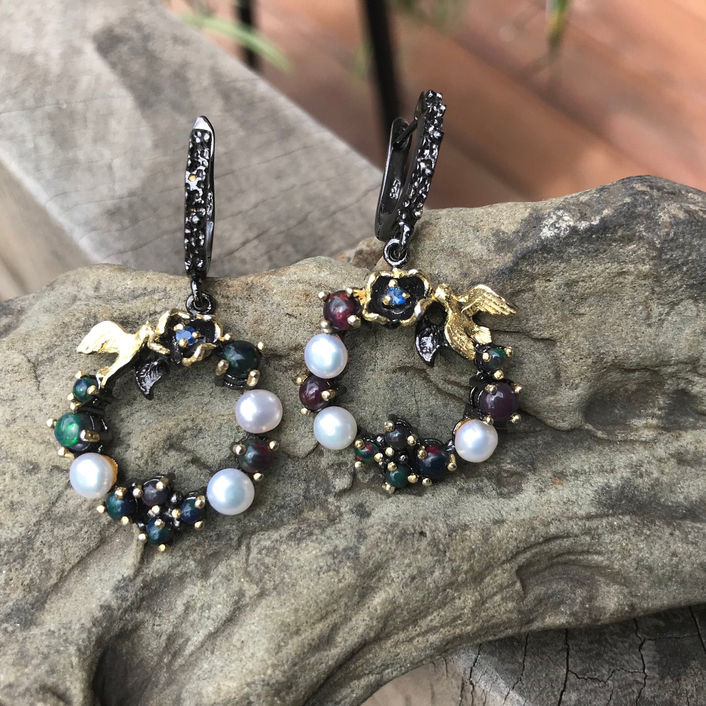 Sterling Silver Natural black fire Opal heirloom pearl dangle  Earrings