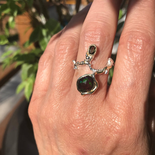 Natural black red fire opal organic twig Sterling Silver Ring 8