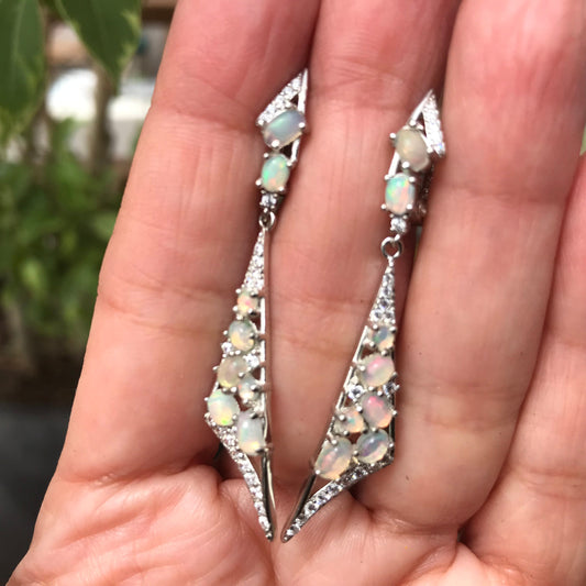 Sterling Silver Natural rainbow Opal Dangle fancy  Earrings