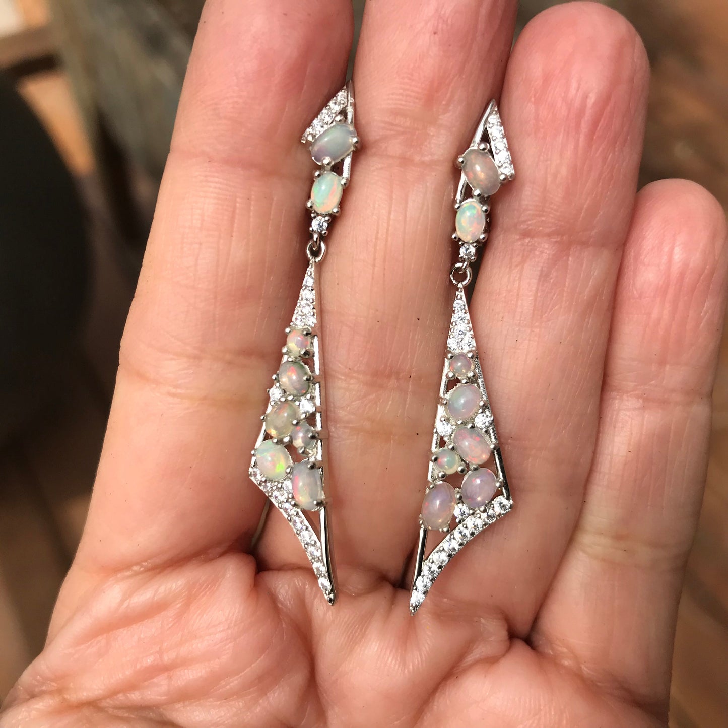 Sterling Silver Natural rainbow Opal Dangle fancy  Earrings