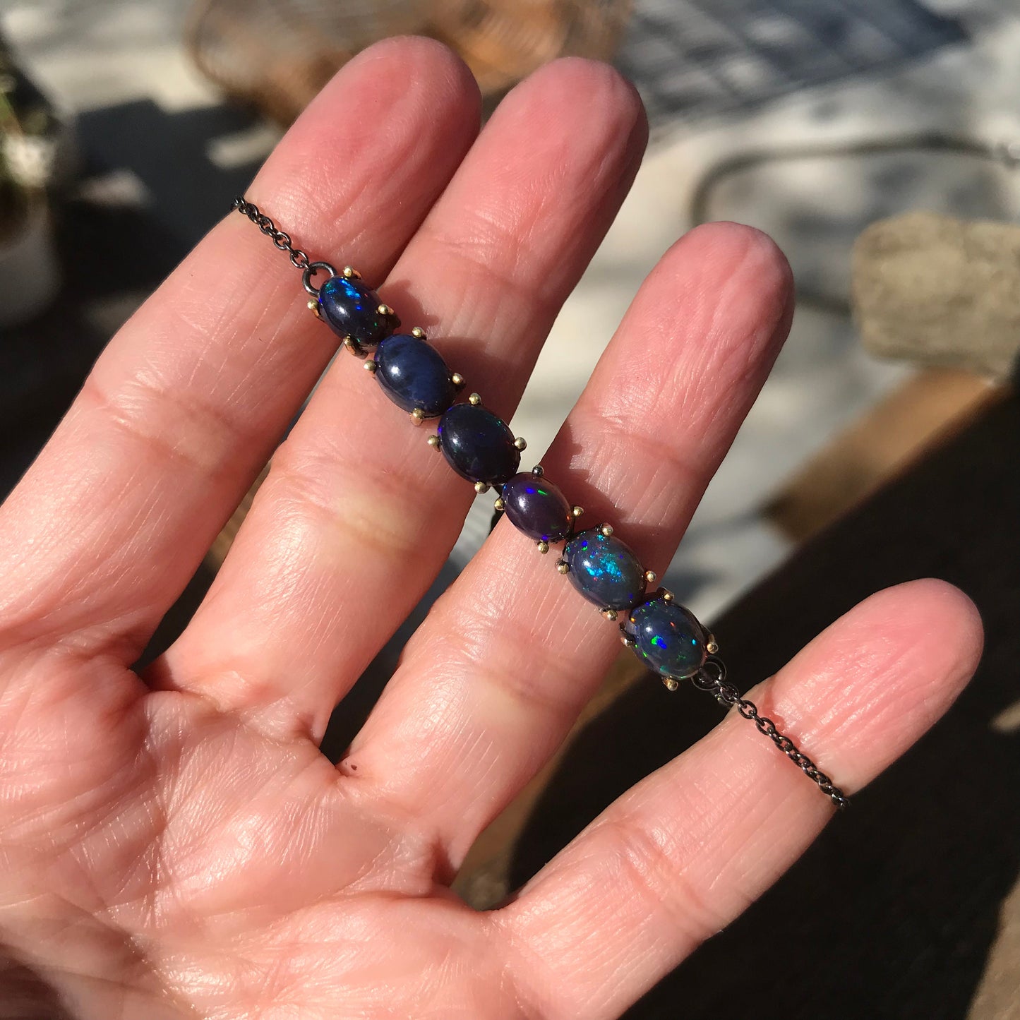 Sterling Silver Natural Black blue fire Opal tenis bracelet