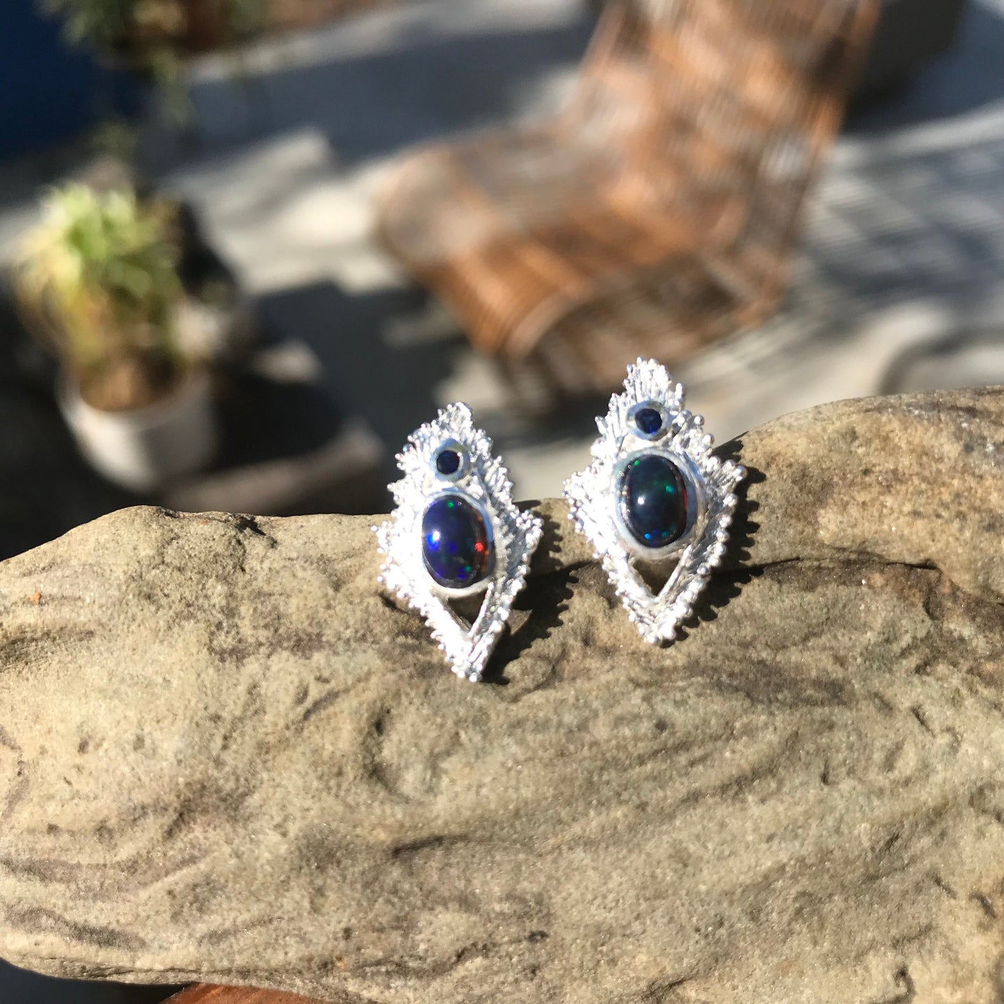 Sterling silver Natural black blue fire opal stud  Earrings
