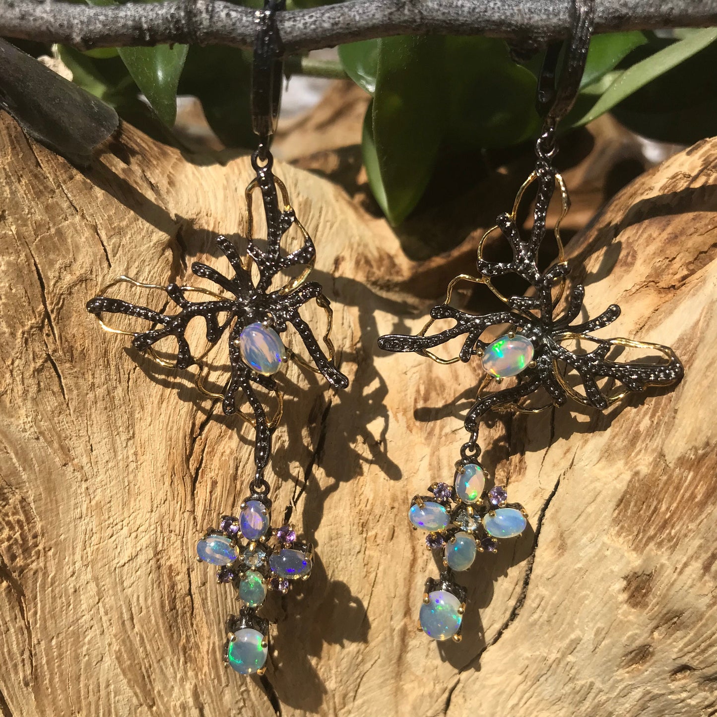 sterling silverNatural opals dangle butterfly art earrings