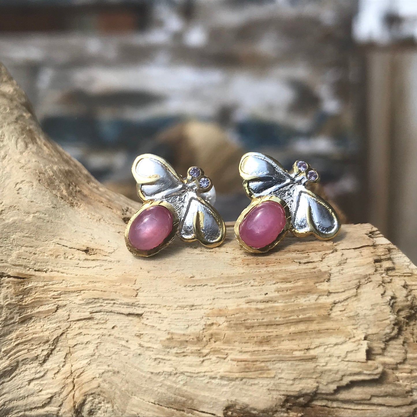 Sterling Silver Ruby bee post earrings