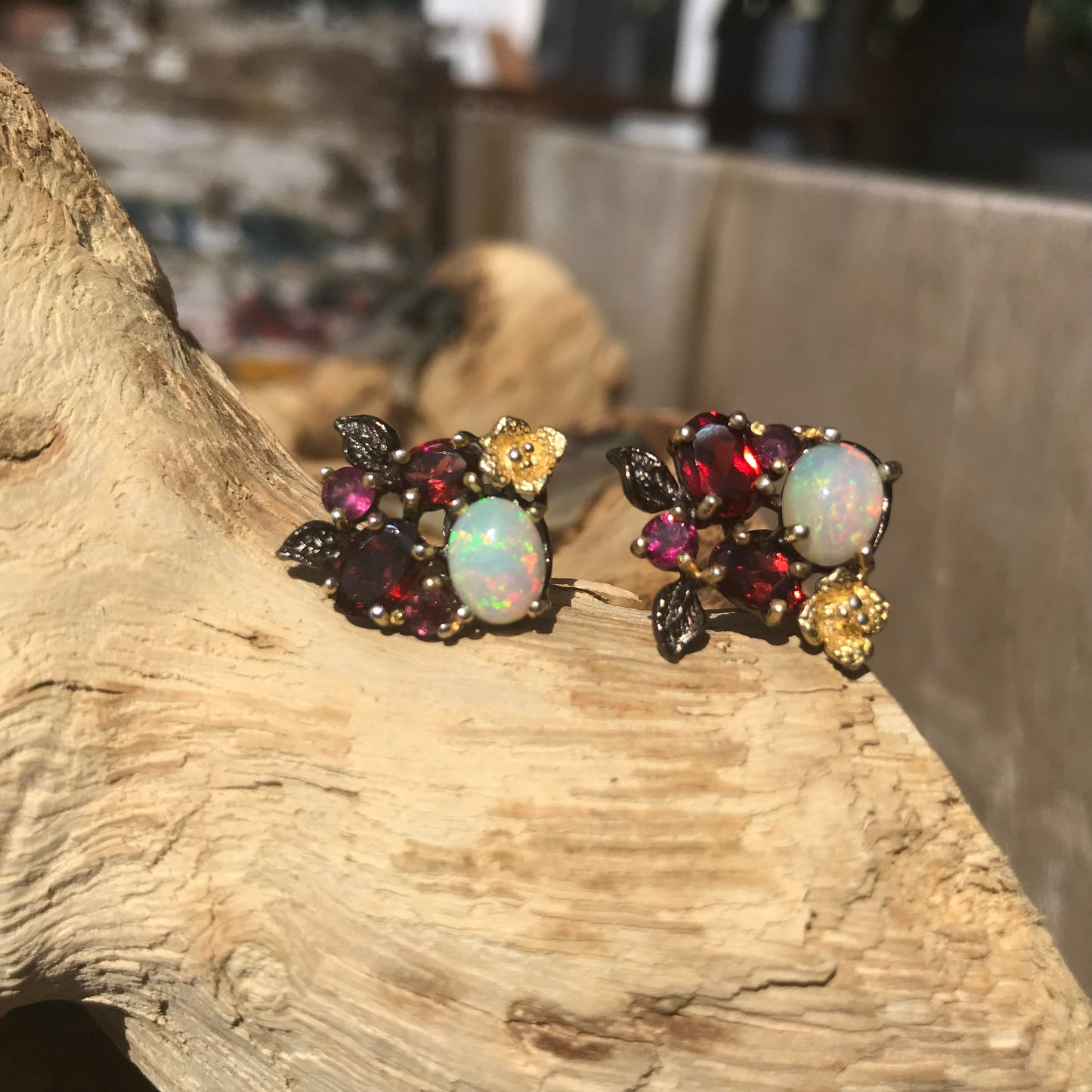 sterling silver Black natural opal rhodolite garnet Stud earrings
