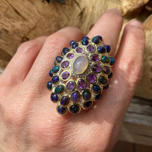 Sterling Silver Black flash Opal huge amethyst cluster statement Ring 6.5