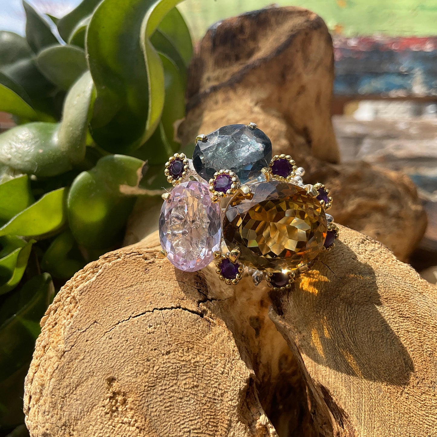 sterling Silver amethyst fluorite citrine statement Ring 7.5