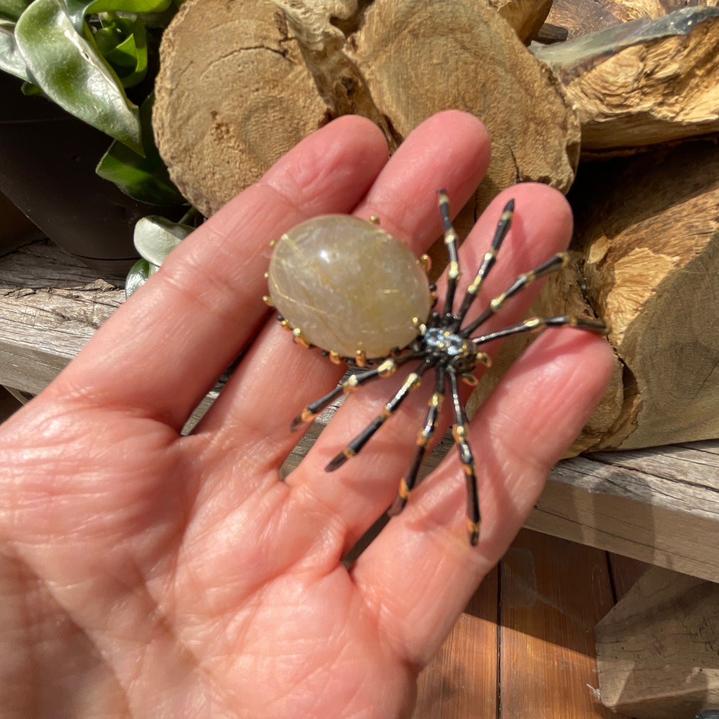 Handmade Sterling Silver rutilated quartz  topaz spider Brooch Pin