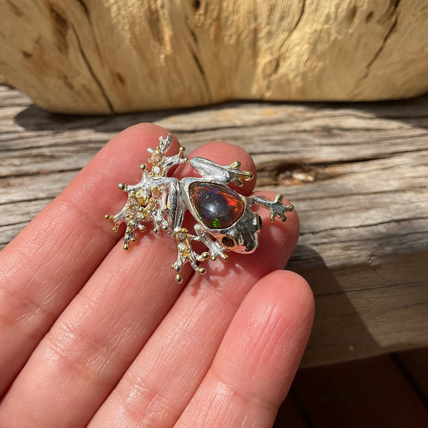 Sterling silver  Rainbow opal frog art pendant for Necklace