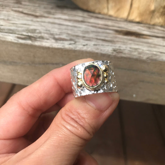 sterling silver natural  Red fire opal band ring 9