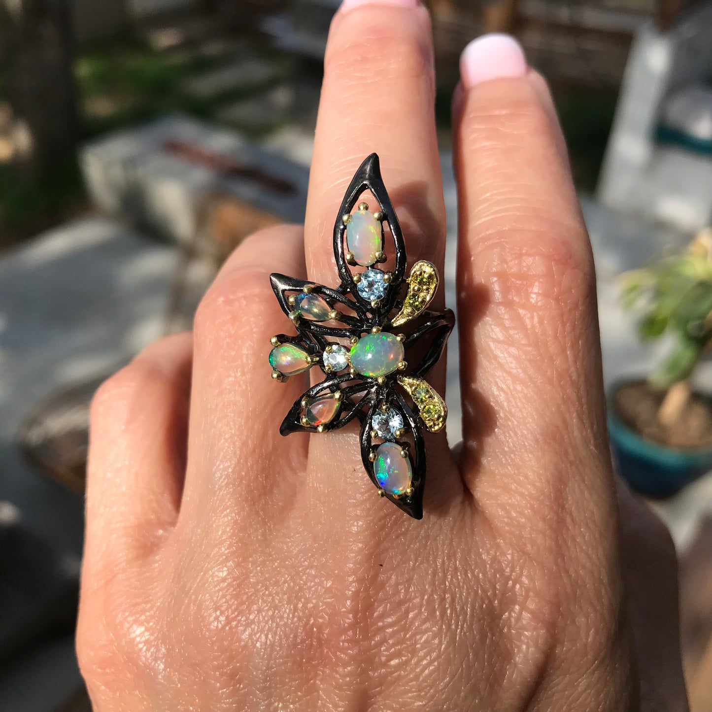 Sterling SilverNatural  flash Opal huge statement butterfly Ring 7.5