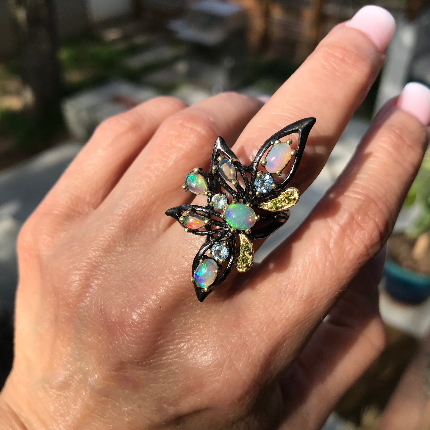 Sterling SilverNatural  flash Opal huge statement butterfly Ring 7.5