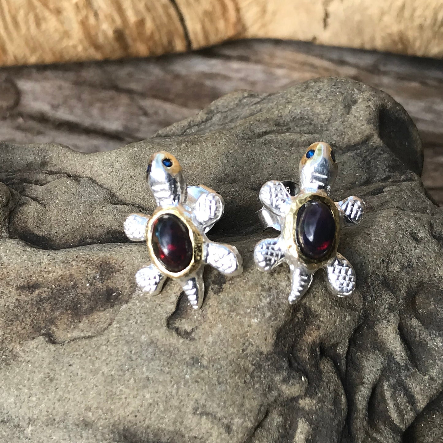 Sterling silver Natural black red fire opal stud  Earrings Turtle