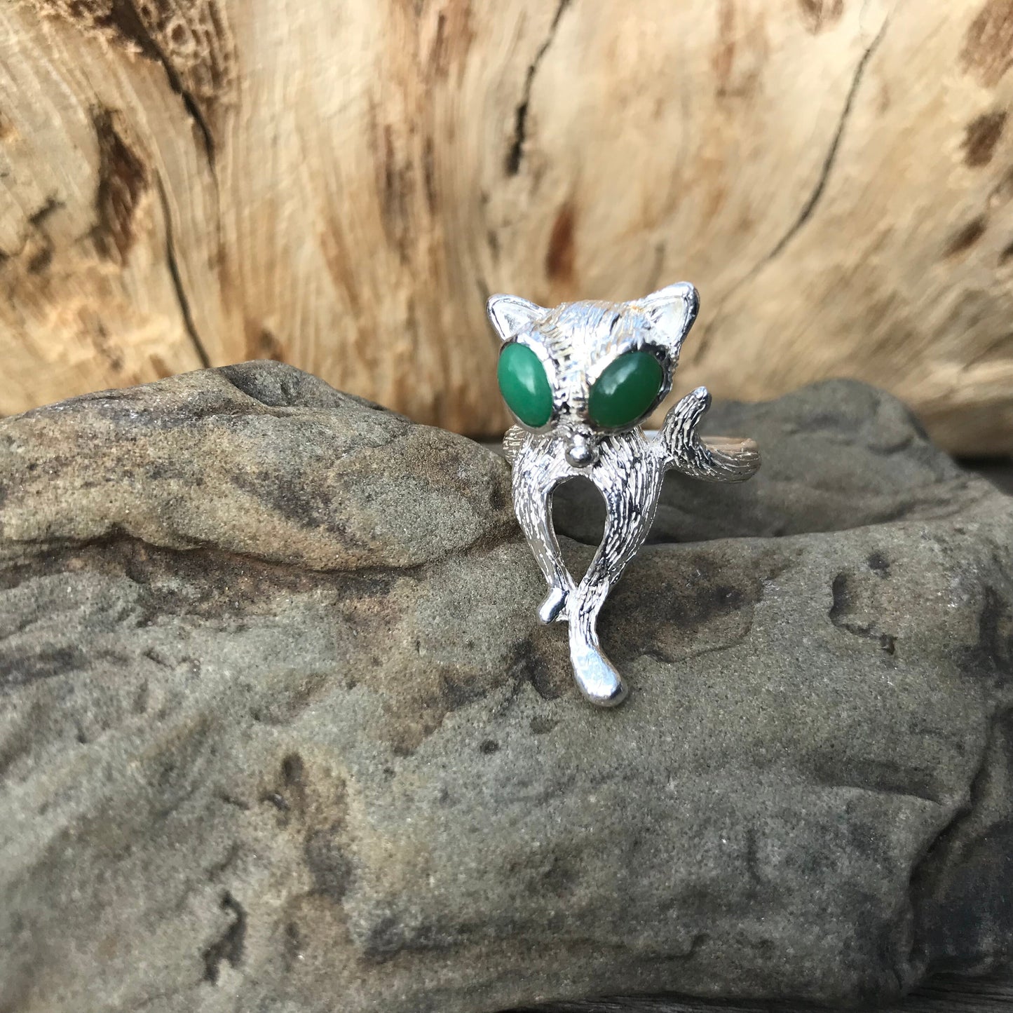 Sterling Silver Cat Kitten Lover chrysoprase ring 6.5