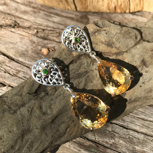 Sterling silver natural citrine pear shape statement earrings