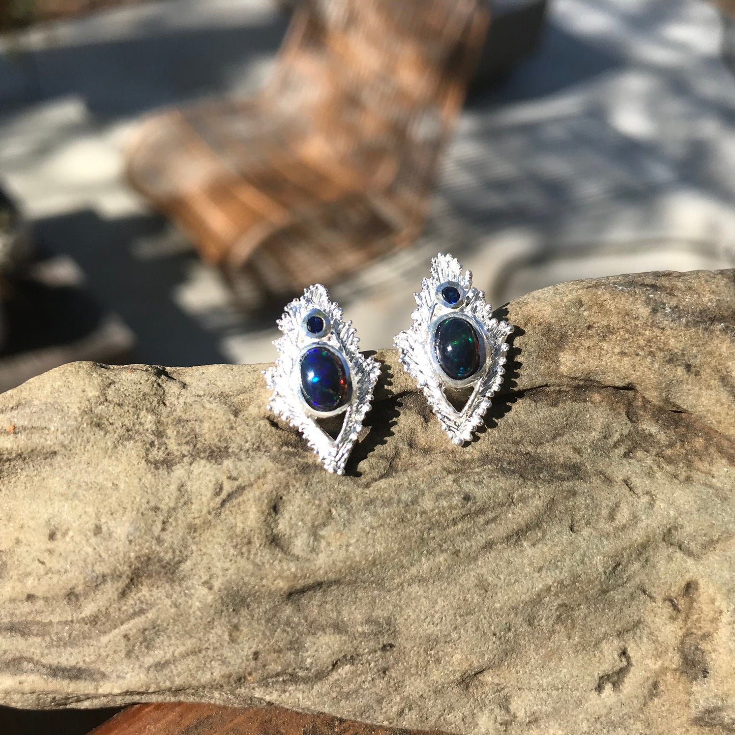 Sterling silver Natural black blue fire opal stud  Earrings