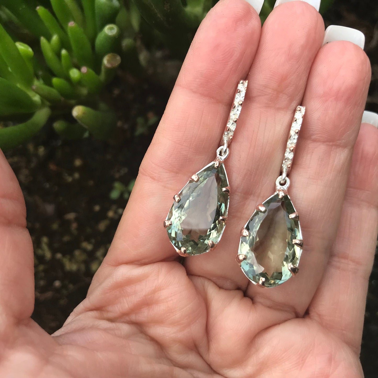 Sterling silver green amethyst pear shape statement earrings