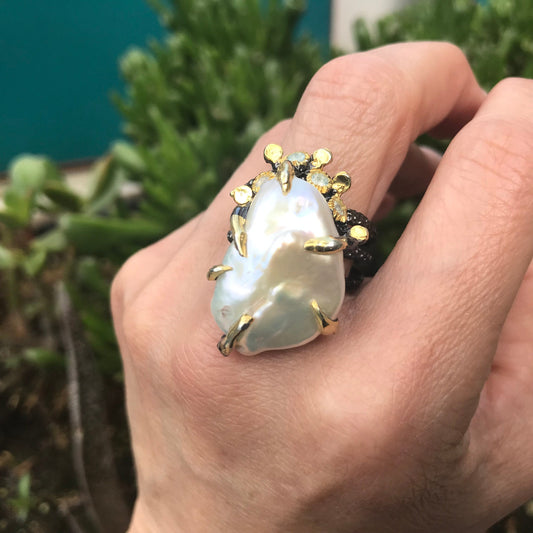 Sterling Silver Natural baroque pearl topaz organic roots Ring 8.5