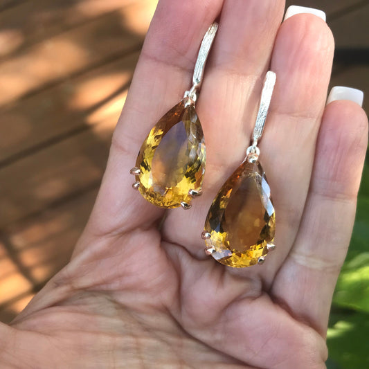 Sterling silver large pear shape citrine dangle earrings