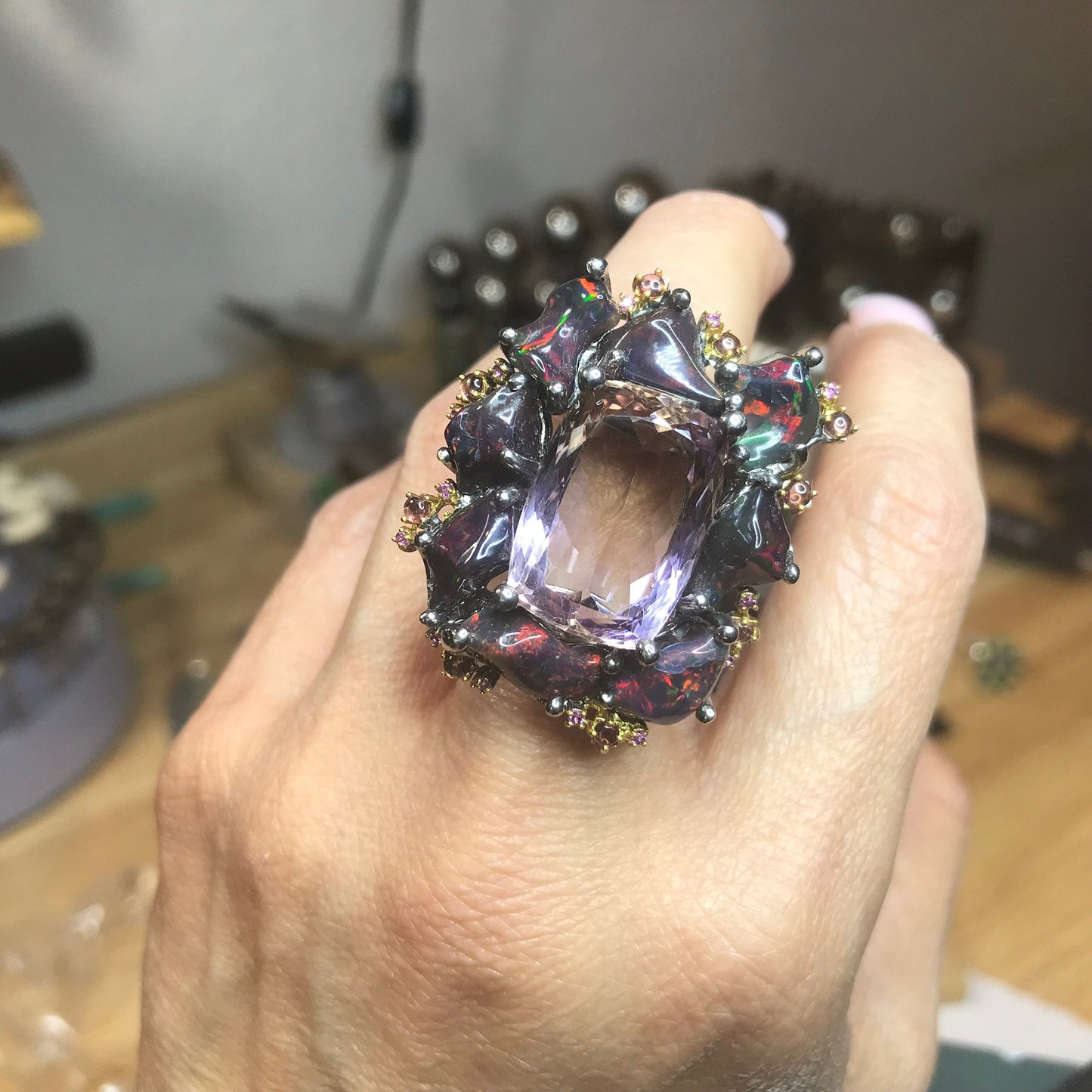 Sterling Silver Ametrine  heirloom Fire Rainbow Huge opal ring 8