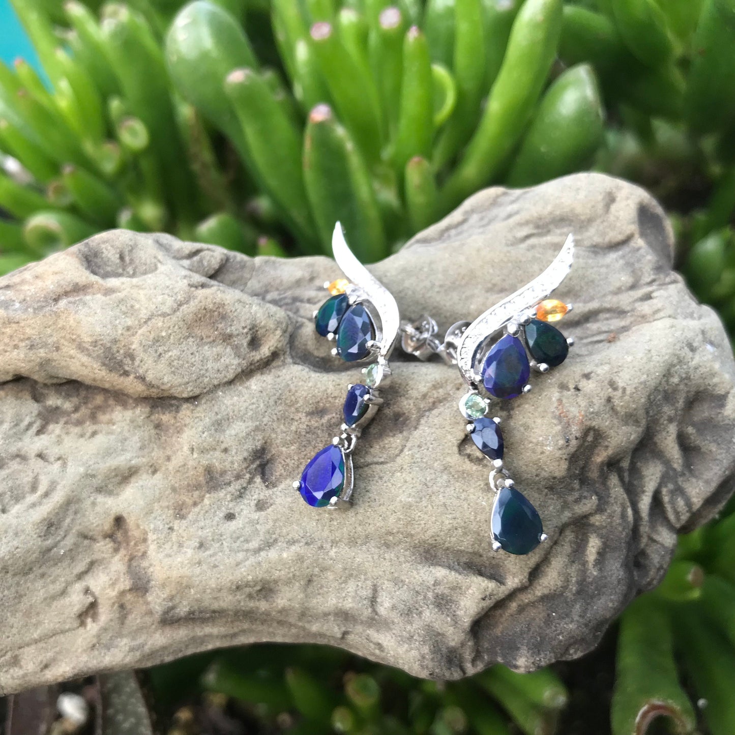 sterling silver black natural fire opal sapphire wing Stud earrings