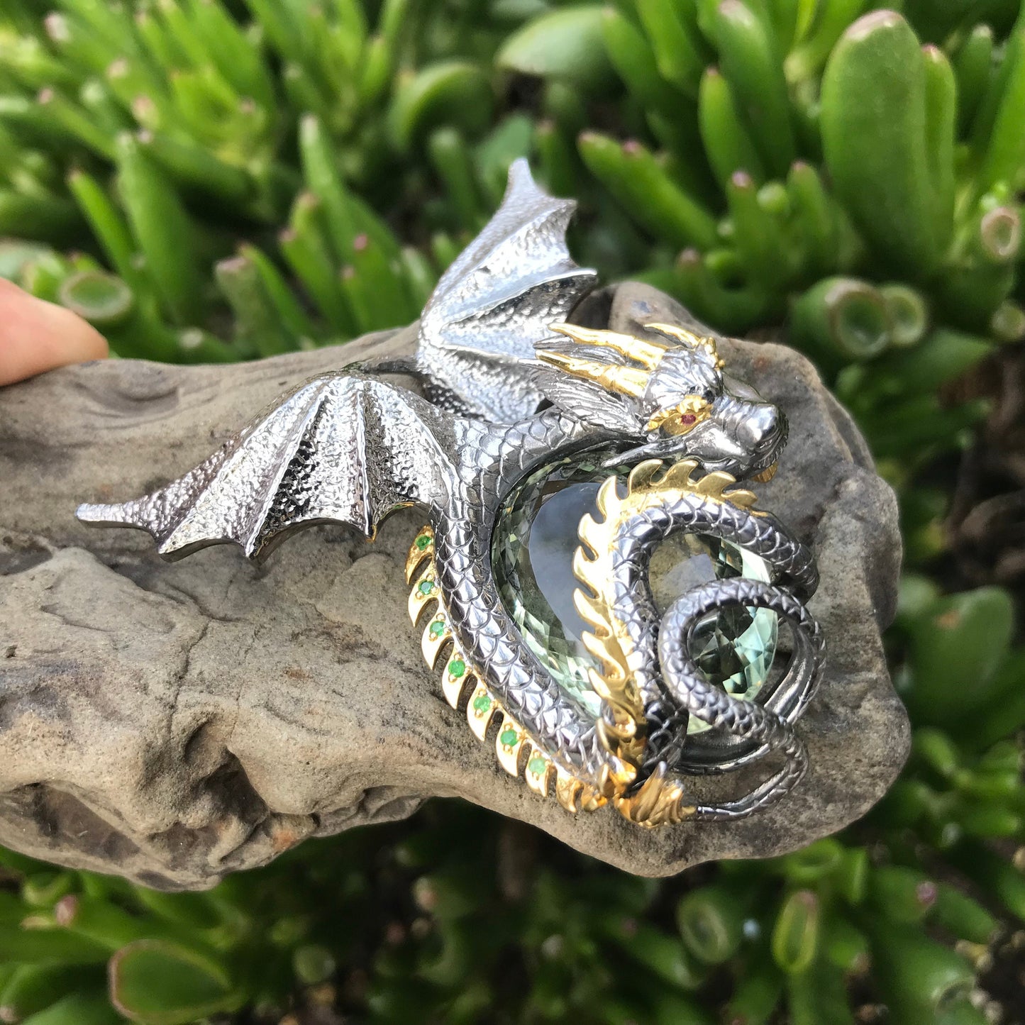 Sterling Silver green amethyst statement dragon pendant