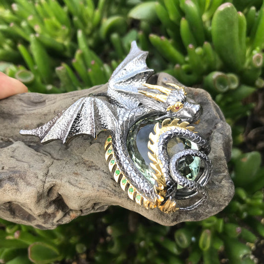 Sterling Silver green amethyst statement dragon pendant
