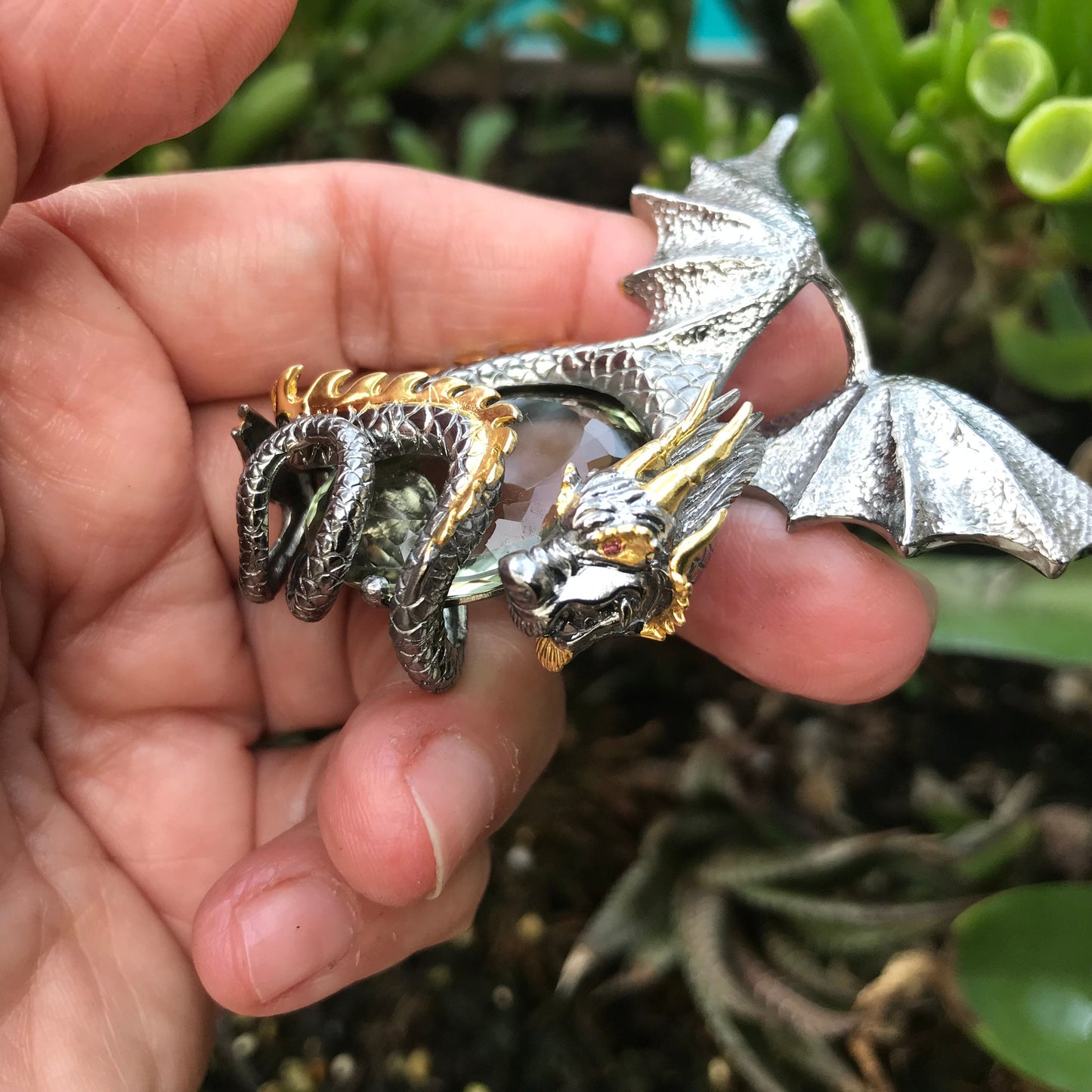 Sterling Silver green amethyst statement dragon pendant