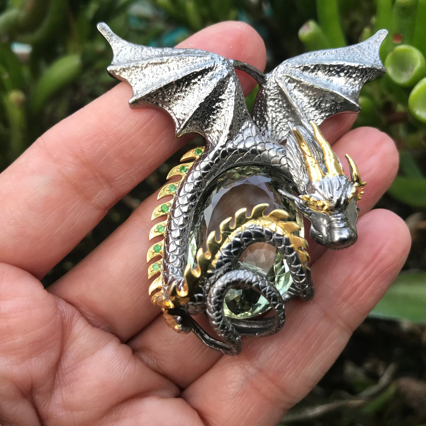 Sterling Silver green amethyst statement dragon pendant