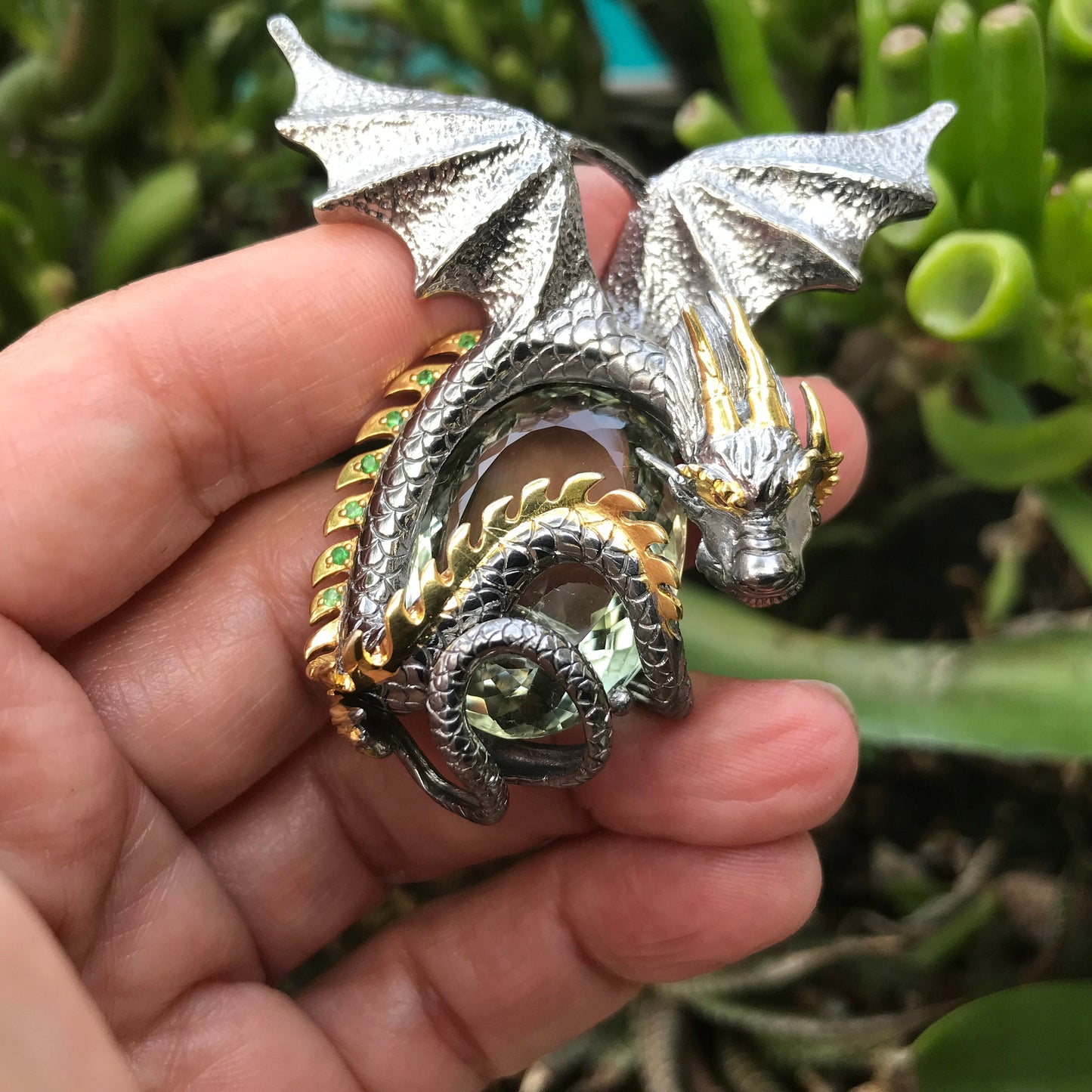 Sterling Silver green amethyst statement dragon pendant