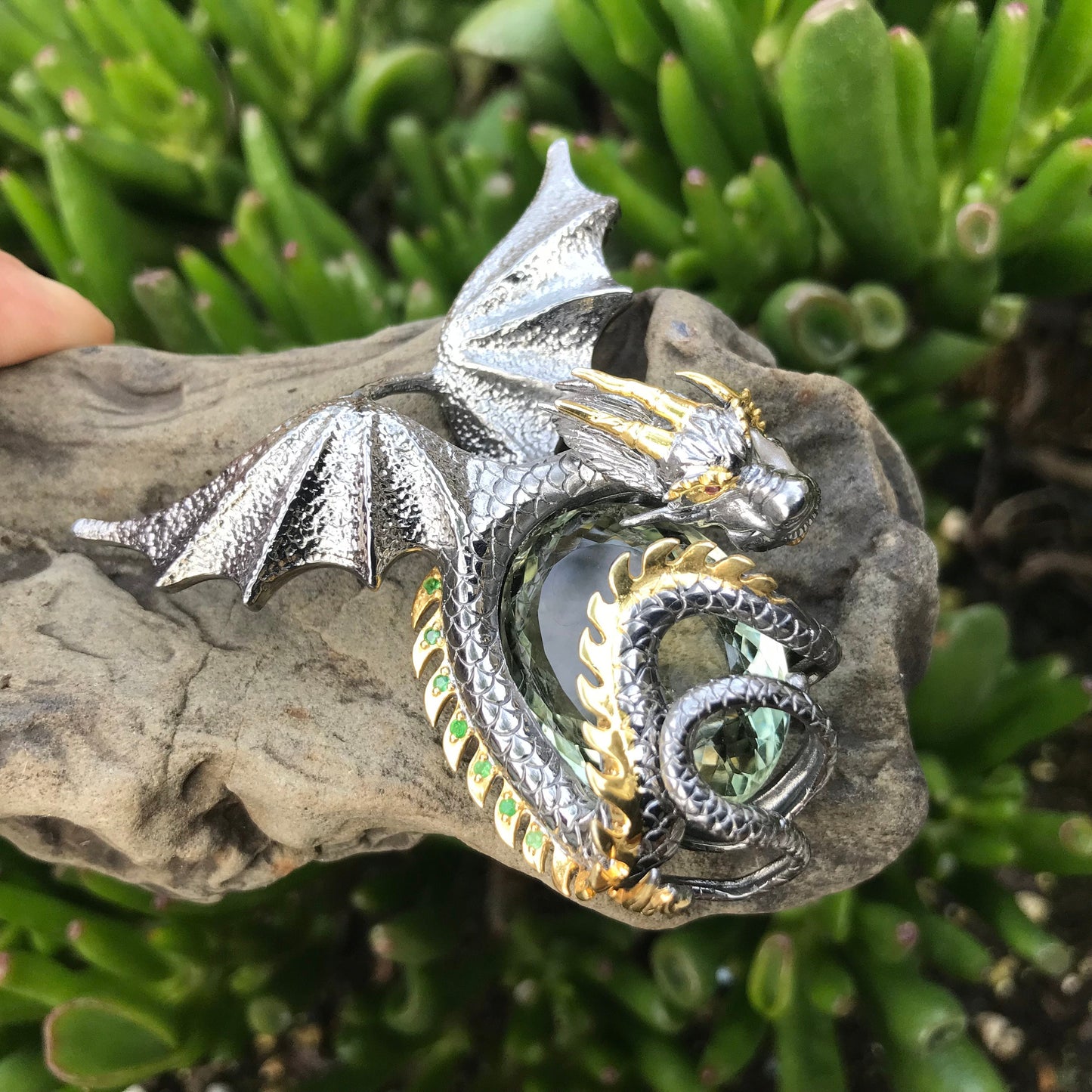 Sterling Silver green amethyst statement dragon pendant