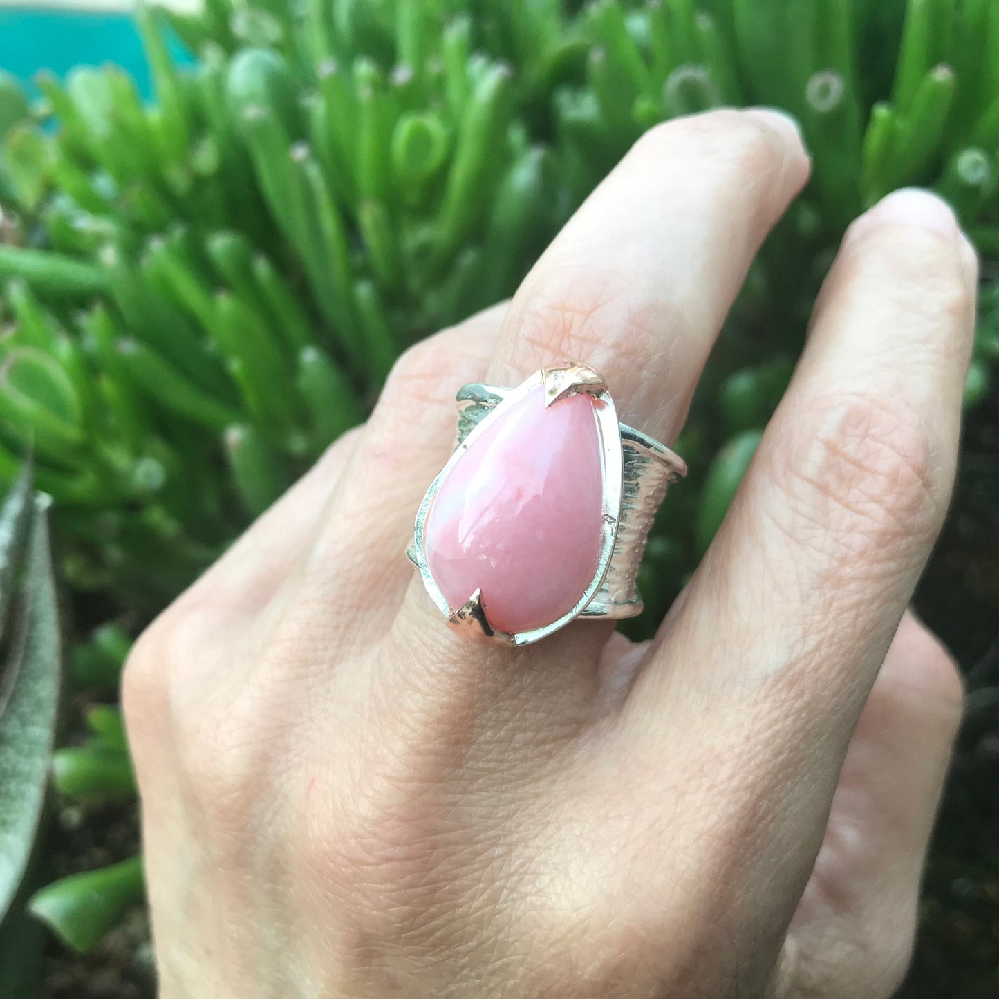 sterling silver Natural Opal pink statement band ring 7