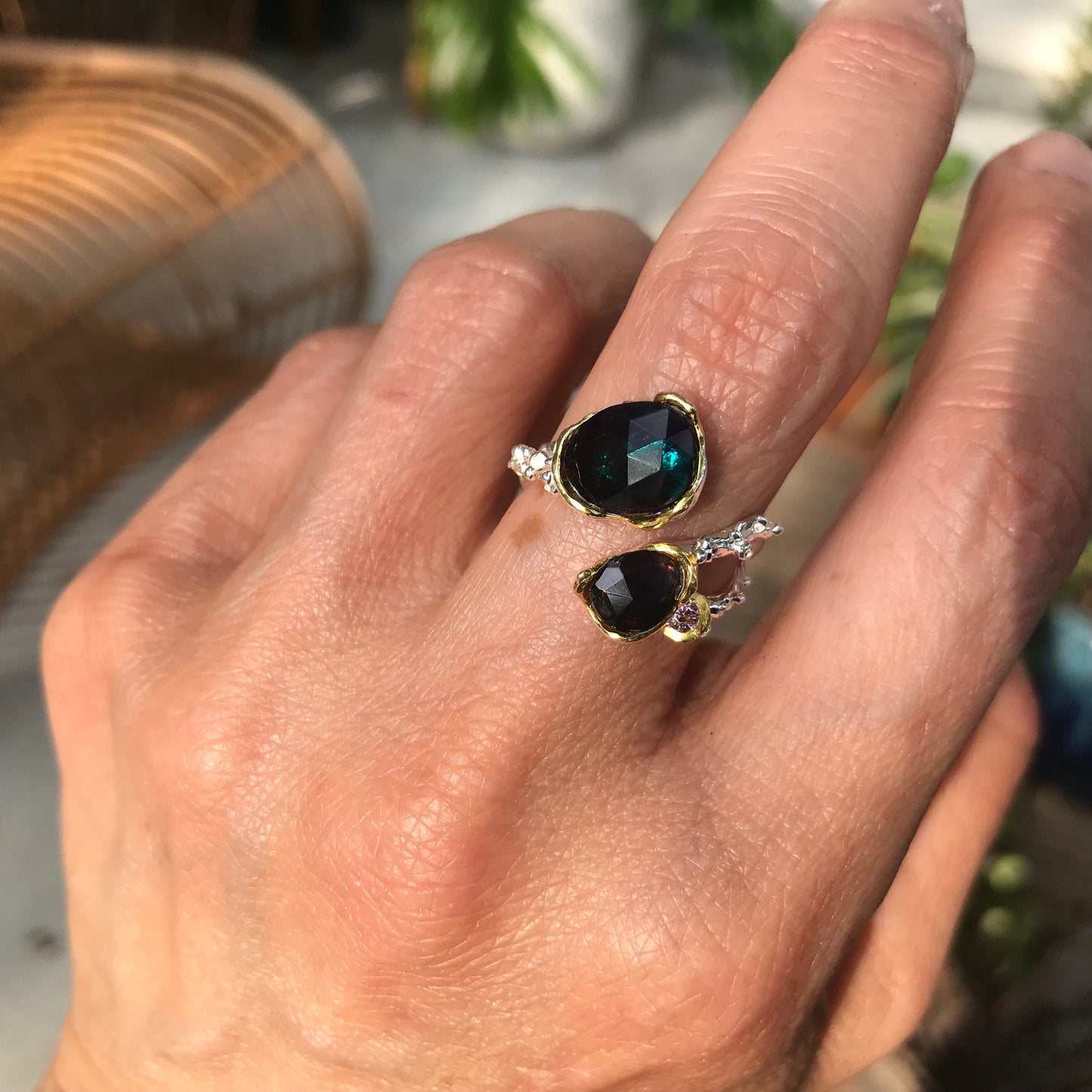 Natural black red fire opal organic twig Sterling Silver Ring 7 8 open