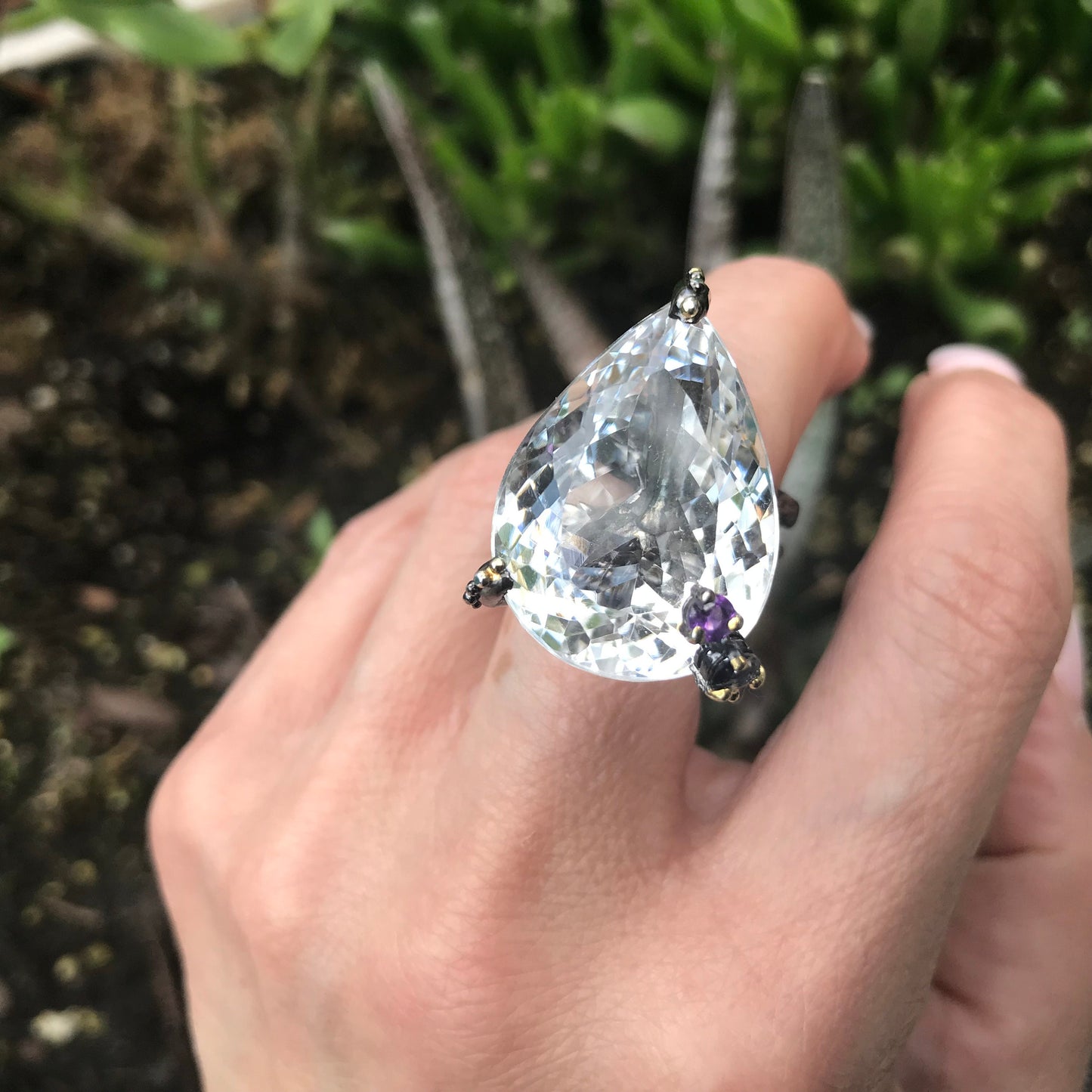sterling silver natural quartz 40ct huge statement ring 8.5 pear shape