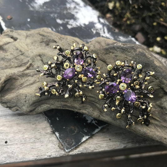 Sterling silver dark amethyst large stud organic Earrings