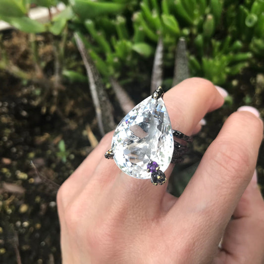 sterling silver natural quartz 40ct huge statement ring 8.5 pear shape