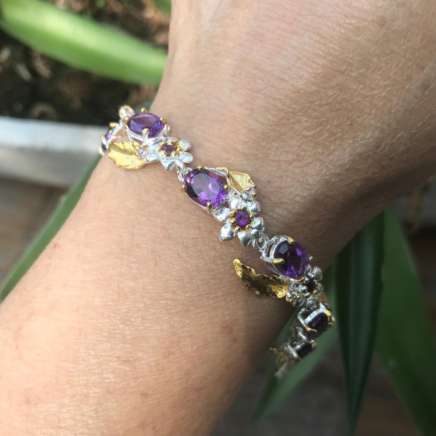 Sterling Silver Natural Purple amethyst floral bracelet