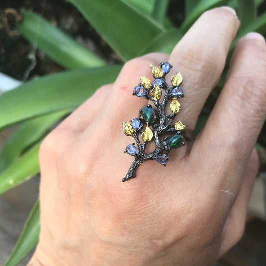 Sterling  silver natural fire black opal lolite floral Ring 6.5