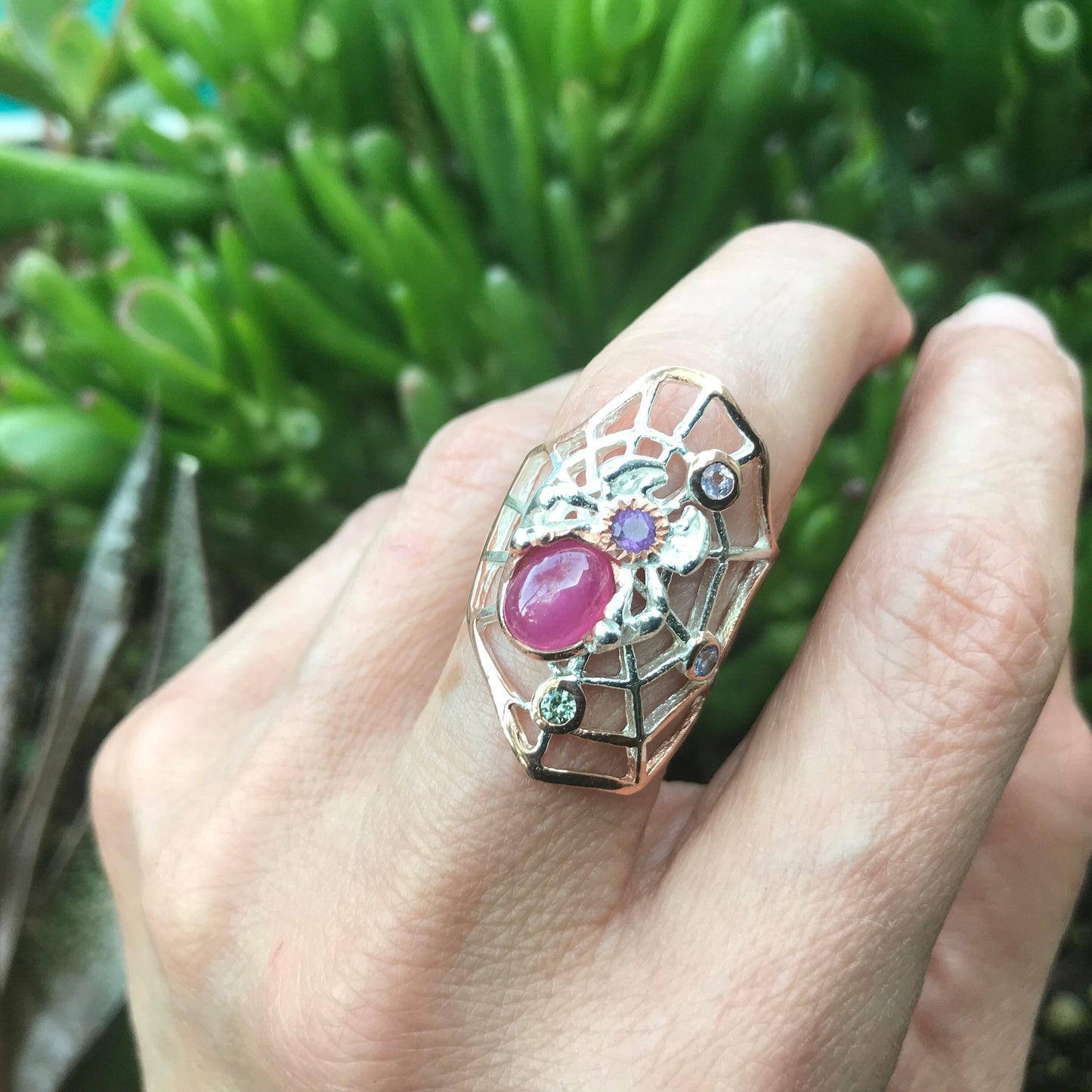 Sterling Silver ruby spider web ring 7.5
