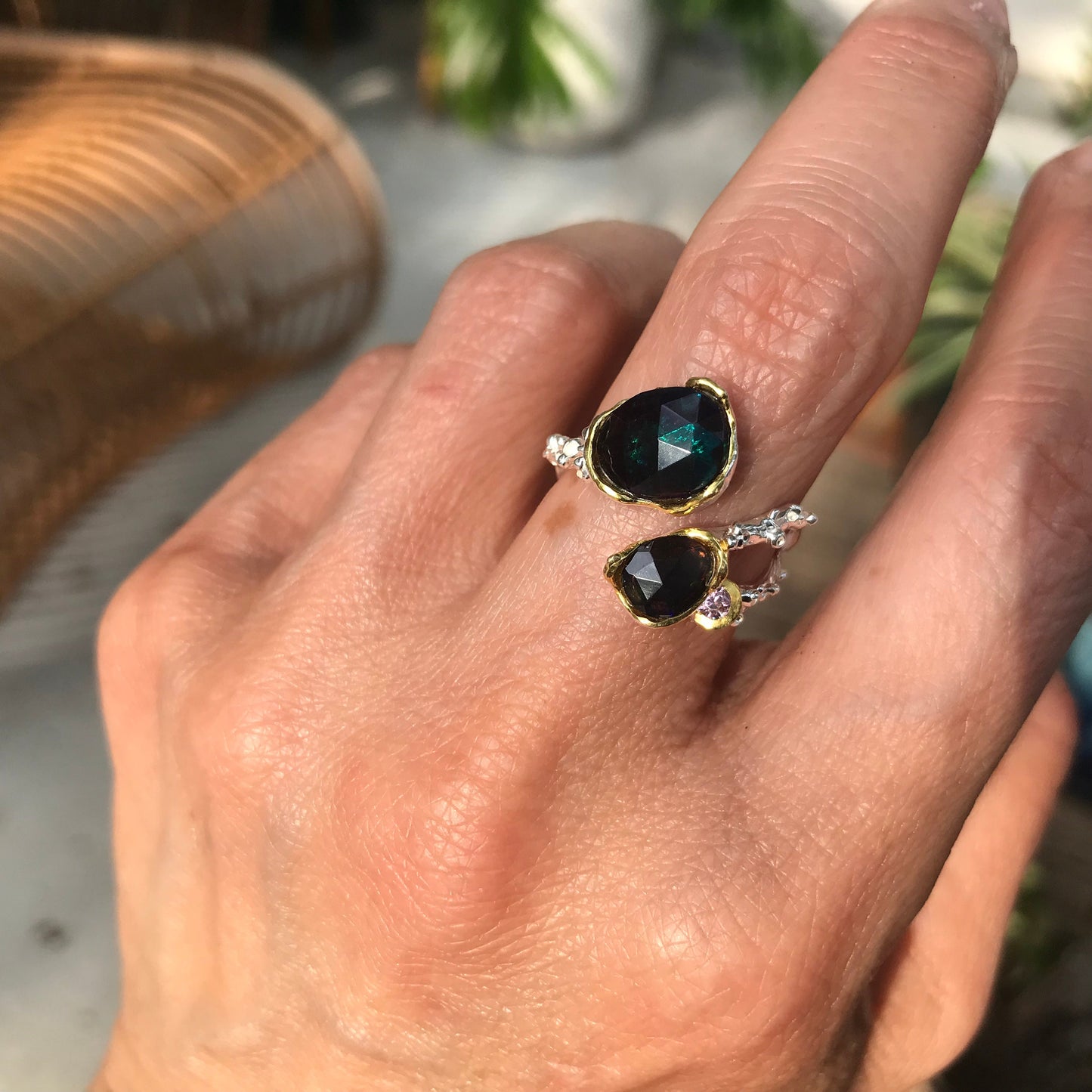 Natural black red fire opal organic twig Sterling Silver Ring 7 8 open