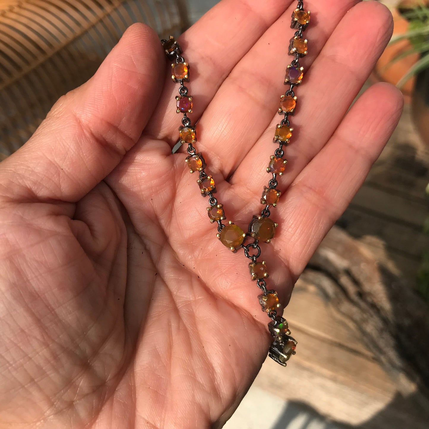 Natural Rainbow orange opal Sterling Silver Necklace