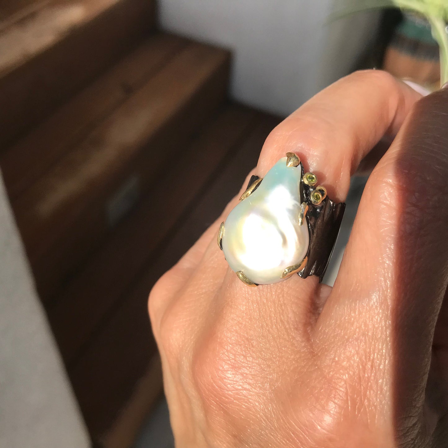 Sterling Silver Natural baroque pearl roots Ring 9